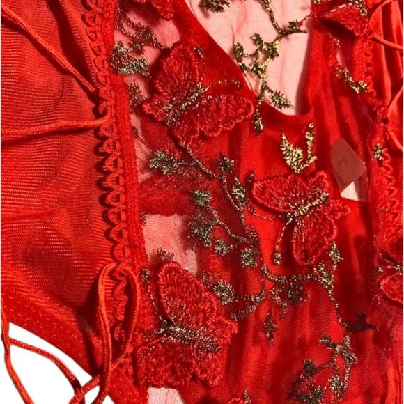 Medium Lingerie Bodysuit Butterfly Teddy Gold Red Embroidered - Picture 6 of 6